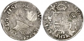 1572. Felipe II. Amberes. 1/5 de escudo felipe. (Vanhoudt pág. 272, tipo B). 6,34 g. Resello: león en óvalo (De Mey 944) en reverso realizado en 1573 ...