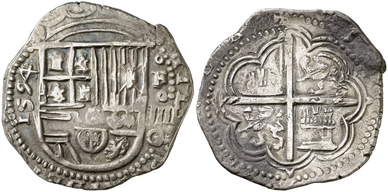 1594. Felipe II. Granada. F. 4 reales. (Cal. 302, mismo ejemplar). 13,70 g. Arma...