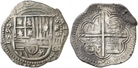 1594. Felipe II. Granada. F. 4 reales. (Cal. 302, mismo ejemplar). 13,70 g. Armas de Flandes y Tirol intercambiadas. Manchitas. Muy atractiva. Ex Cole...
