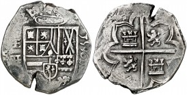 1596. Felipe II. Segovia. . 4 reales. (Cal. 364, mismo ejemplar). 13,71 g. Único año de este ensayador. Fecha de 4 dígitos a derecha del escudo. Los d...