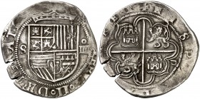 s/d. Felipe II. Sevilla. . 4 reales. (Cal. 390). 13,40 g. Sin flor de lis entre escudo y corona. Rayitas. MBC/MBC+.