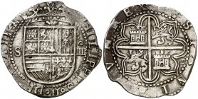s/d. Felipe II. Sevilla. . 4 reales. (Cal. 391). 13,63 g. Flor de lis entre escudo y corona. Buen ejemplar. MBC+.