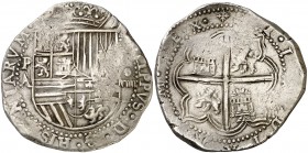 s/d (1586-1589). Felipe II. Potosí. A (Juan Álvarez de Reinaltes). 8 reales. (Cal. 157) (Paoletti 91-94). 26,90 g. Armas de Flandes y Tirol intercambi...