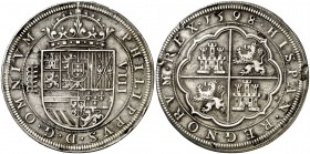1598. Felipe II. Segovia. 8 reales. (Cal. 233). 26,56 g. Tipo "OMNIVM". Golpes y hojitas en canto. Muy rara. (MBC+).
