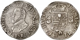 1591. Felipe II. Amberes. 1 escudo felipe. (Vti. 1267) (Vanhoudt 362.AN). 33,13 g. Con el escusón de Portugal. Busto pequeño. MBC/MBC+.
