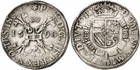 1590. Felipe II. Hasselt. 1 escudo borgoña. (Vti. 1331) (Vanhoudt falta) (Van Gelber & Hot 240-17b). 28,81 g. Buen ejemplar. Ex Colección Rocaberti, Á...