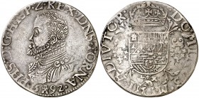 1592. Felipe II. Tournai. 1 escudo felipe. (Vti. 1291) (Vanhoudt 362.TO). 27,66 g. Buen ejemplar. Escasa. MBC+.
