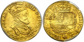 s/d (1555-1576). Felipe II. Nimega. 1 real de oro. (Vti. 1466) (Vanhoudt 261.NIJ). En cápsula de la PCGS como AU58, nº 174022.58/32696507. Atractiva. ...