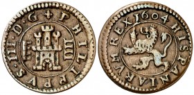 1604. Felipe III. Segovia. 4 maravedís. (Cal. 806). 2,93 g. Buen ejemplar. MBC+.