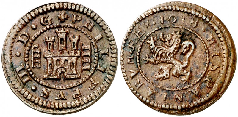 1618. Felipe III. Segovia. 4 maravedís. (Cal. 823). 3,44 g. Atractiva. Escasa as...