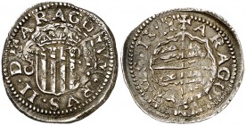 1611. Felipe III. Zaragoza. 1 real. (Cal. 514) (Cru.C.G. 4405). 3,28 g. Curiosa doble acuñación en ambas caras. Rara. (EBC-).