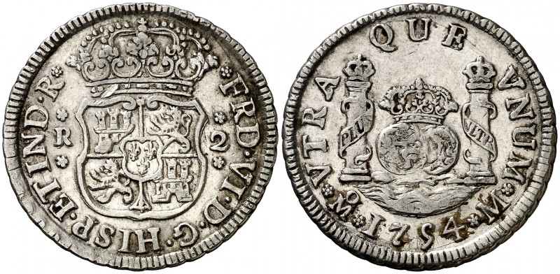 1754. Fernando VI. México. M. 2 reales. (Cal. 494). 6,80 g. Columnario. Buen eje...