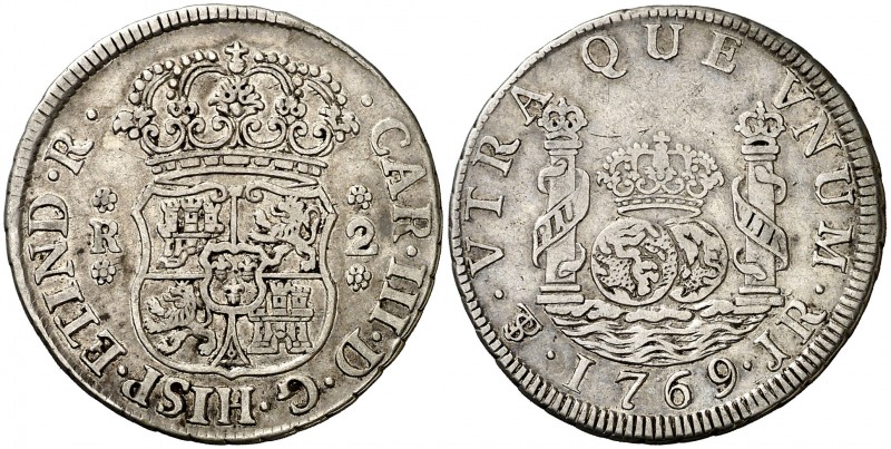 1769. Carlos III. Potosí. JR. 2 reales. (Cal. 1379). 6,71 g. Columnario. Leves r...