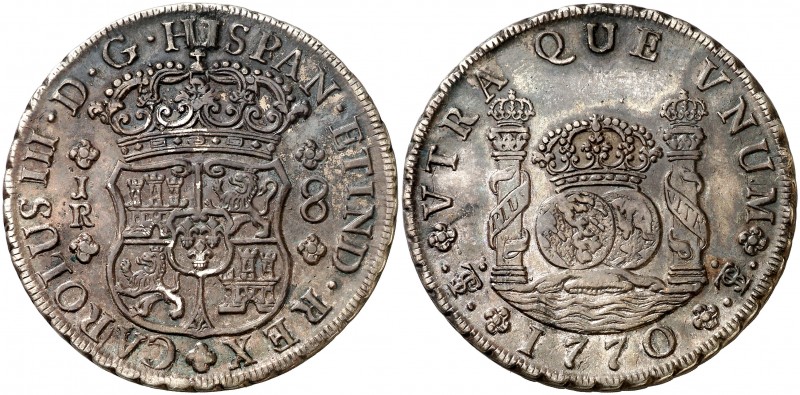 1770. Carlos III. Potosí. JR. 8 reales. (Cal. 972). 27 g. Columnario. Pátina. Mu...