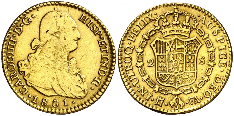 1801. Carlos IV. Madrid. FA. 2 escudos. (Barrera 470). 6,20 g. Falsa de época en...