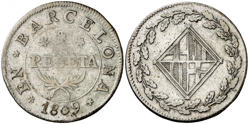 1809. Catalunya Napoleónica. Barcelona. 1 peseta. (Cal. 45). 5,79 g. Impurezas. ...