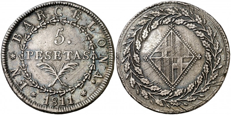 1811. Catalunya Napoleónica. Barcelona. 5 pesetas. (Cal. 19). 26,54 g. 22 roseta...