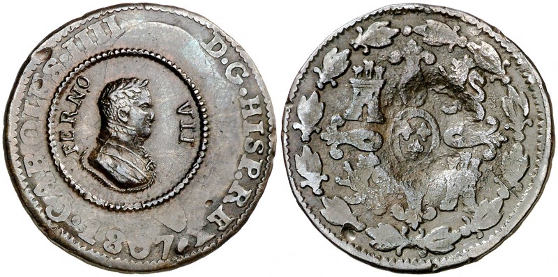 1807. Fernando VII. Segovia. 4 maravedís. 4,77 g. Resello circular con busto y l...