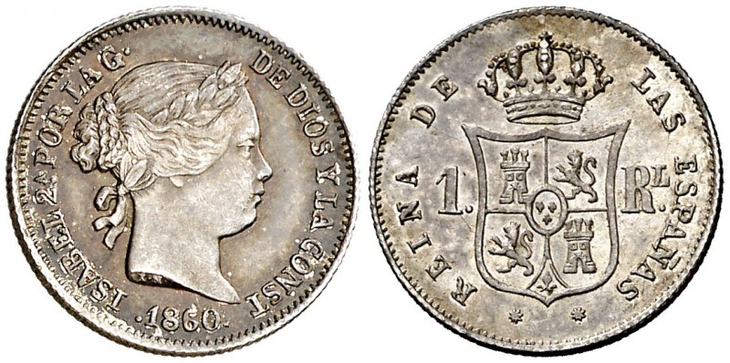 1860. Isabel II. Barcelona. 1 real. (Cal. 404). 1,31 g. Bella. Preciosa pátina. ...