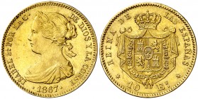 1867. Isabel II. Madrid. 10 escudos. (Cal. 45). 8,37 g. Golpecito. Escasa. EBC-/EBC.