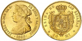1868*1868. Isabel II. Madrid. 10 escudos. (Cal. 47). 8,33 g. Golpecitos. EBC/EBC+.