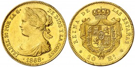 1868*1868. Isabel II. Madrid. 10 escudos. (Cal. 47). 8,33 g. Leves golpecitos. EBC/EBC+.
