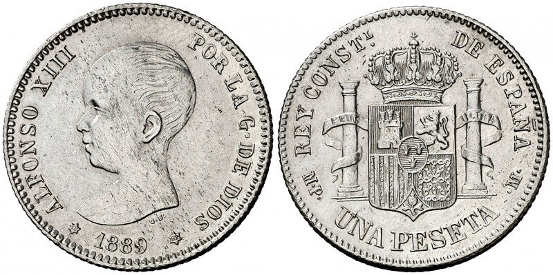 1889*1889. Alfonso XIII. MPM. 1 peseta. (Cal. 37). 4,98 g. Leves impurezas. Atra...