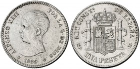 1889*1889. Alfonso XIII. MPM. 1 peseta. (Cal. 37). 4,98 g. Leves impurezas. Atractiva. Escasa y más así. EBC-.