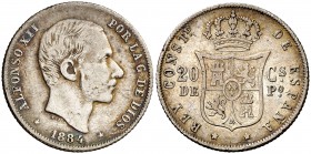 1884. Alfonso XII. Manila. 20 centavos. (Cal. 91). 5,02 g. Leves rayitas. Pátina. Escasa. MBC.