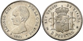 1891*1891. Alfonso XIII. PGM. 2 pesetas. (Cal. 31). 9,72 g. Parte de brillo original. Escasa así. MBC+/MBC.