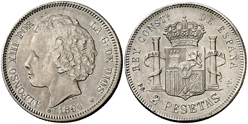 1894*1894. Alfonso XIII. PGV. 2 pesetas. (Cal. 33). 10 g. Mínimas marquitas. Par...