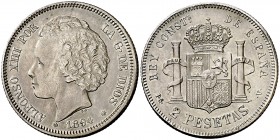 1894*1894. Alfonso XIII. PGV. 2 pesetas. (Cal. 33). 10 g. Mínimas marquitas. Parte de brillo original. Escasa. EBC-.