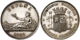 1868. Medalla que sirvió de modelo al "duro" de 1869. 25,37 g. Golpecitos. Parte de brillo original. EBC-.
