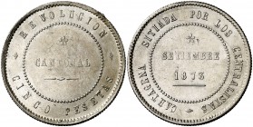 1873. Revolución Cantonal. Cartagena. 5 pesetas. (Cal. 5). 28,88 g. Coincidente. 80 perlas en anverso y 85 en reverso. Leves marquitas. Parte de brill...