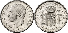 1885*1887. Alfonso XII. MSM. 5 pesetas. (Cal. 42). 24,95 g. Leves golpecitos. Mínimas impurezas. Bella. Parte de brillo original. Escasa así. EBC+.