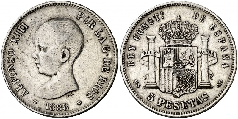 1888*1888. Alfonso XIII. MSM. 5 pesetas. (Cal. 12). 24,81 g. Golpecitos. Muy rar...