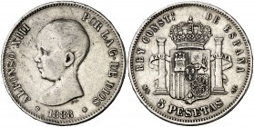 1888*1888. Alfonso XIII. MSM. 5 pesetas. (Cal. 12). 24,81 g. Golpecitos. Muy rara. MBC-.