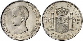 1891*1891. Alfonso XIII. PGM. 5 pesetas. (Cal. 17). 25,05 g. Leves marquitas. Bella. Parte de brillo original. Escasa así. EBC+.