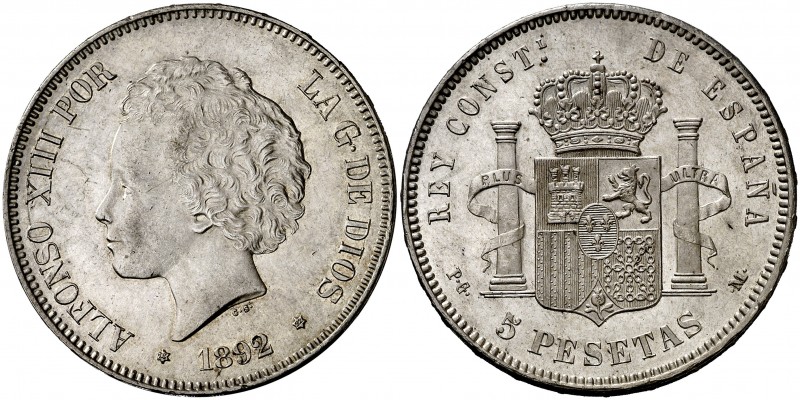 1892*1892. Alfonso XIII. PGM. 5 pesetas. (Cal. 19). 25,03 g. Mínimos golpecitos....