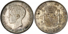 1899*1899. Alfonso XIII. SGV. 5 pesetas. (Cal. 28). 25,31 g. Muy bella. Preciosa pátina. S/C-.
