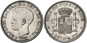 1895. Alfonso XIII. Puerto Rico. PGV. 1 peso. (Cal. 82). 25,10 g. Rayitas. Buen ejemplar. MBC+.