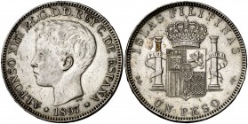 1897. Alfonso XIII. Manila. SGV. 1 peso (Cal. 81). 24,66 g. Buen ejemplar. MBC+.