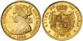 1868*1873. I República. Madrid. 10 escudos. (Cal. 1). 8,32 g. Acuñada a nombre de Isabel II. EBC/EBC+.