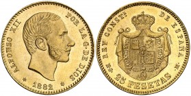 1882/1*1882. Alfonso XII. MSM. 25 pesetas. (Cal. 15). 8,08 g. Bella. Pleno brillo original. Ex Áureo & Calicó 24/05/2017, nº 2706. Rara. S/C-.