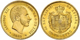 1883*1883. Alfonso XII. MSM. 25 pesetas. (Cal. 18). 8,06 g. Bella. Brillo original. Ex Colección Manuela Etcheverría. Escasa. EBC+.