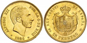 1884*1884. Alfonso XII. MSM. 25 pesetas. (Cal. 19). 8,02 g. Leves rayitas. Parte de brillo original. Escasa. EBC-.