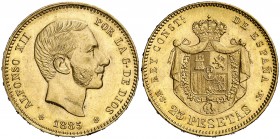 1885*1885. Alfonso XII. MSM. 25 pesetas. (Cal. 20). 8,01 g. Mínimos golpecitos. Bella. Brillo original. Ex Áureo & Calicó 31/01/2013, nº 3540. Ex Cole...