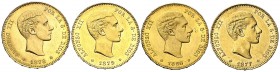 1877*1877 DEM, 1878*1878 DEM, 1879*1879 EMM y 1880*1880 MSM. Alfonso XII. 25 pesetas. (Cal. 3, 4, 9 y 10). Lote de 4 monedas. EBC-/EBC.