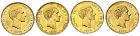 1877*1878 DEM, 1878*1878 DEM, 1878*1878 EMM y 1880*1880 MSM. Alfonso XII. 25 pesetas. (Cal. 3, 4, 6 y 10). Lote de 4 monedas. EBC-/EBC.