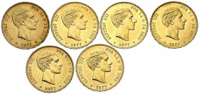 1877. Alfonso XII. DEM. 25 pesetas. (Cal. 3). Lote de 6 monedas. EBC-/EBC.